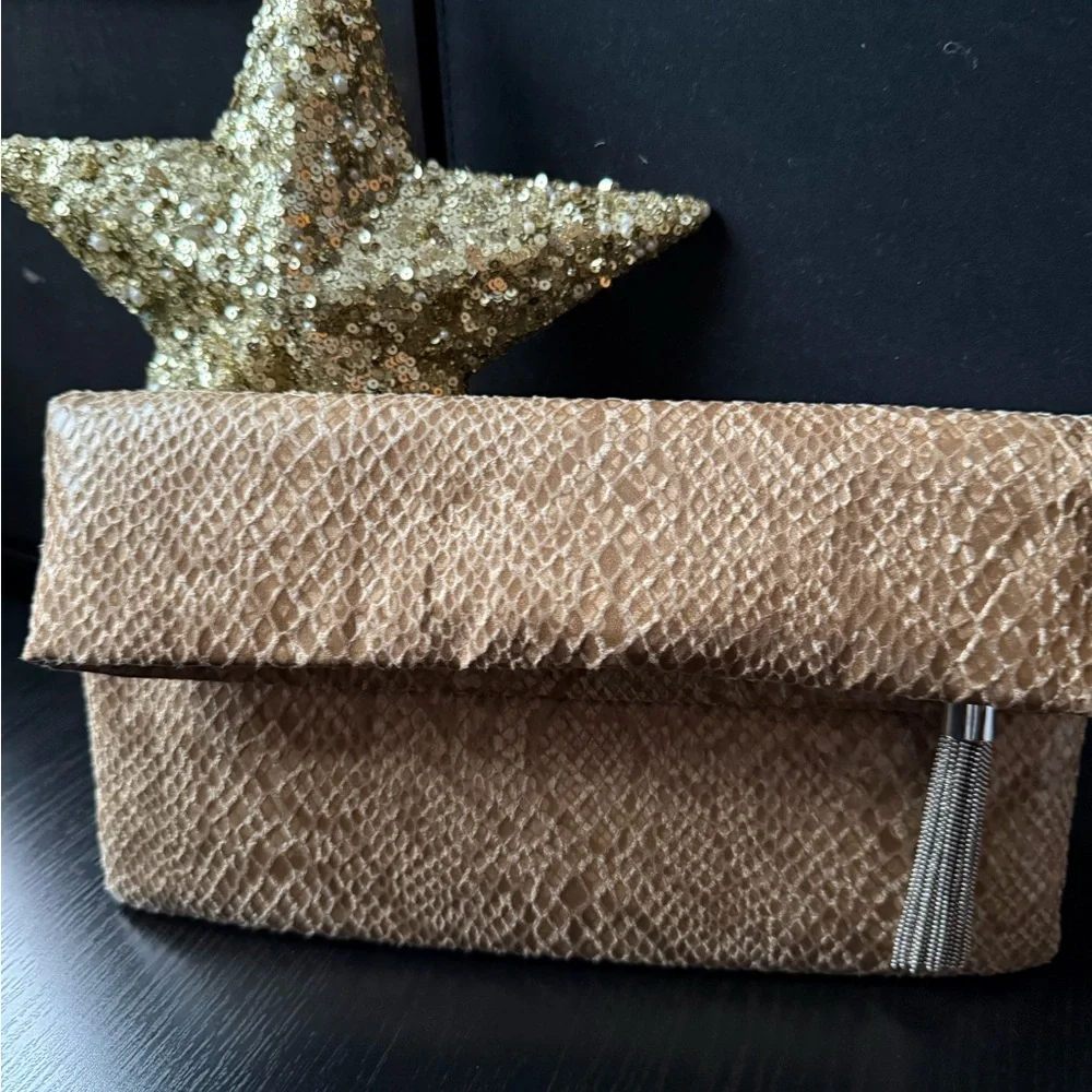 Banana Republic Textured Tan Foldover Clutch Silver Tassel